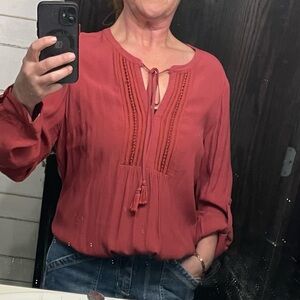 Red/Orange V-Neck Blouse with 3/4 Sleeves and Tie Front